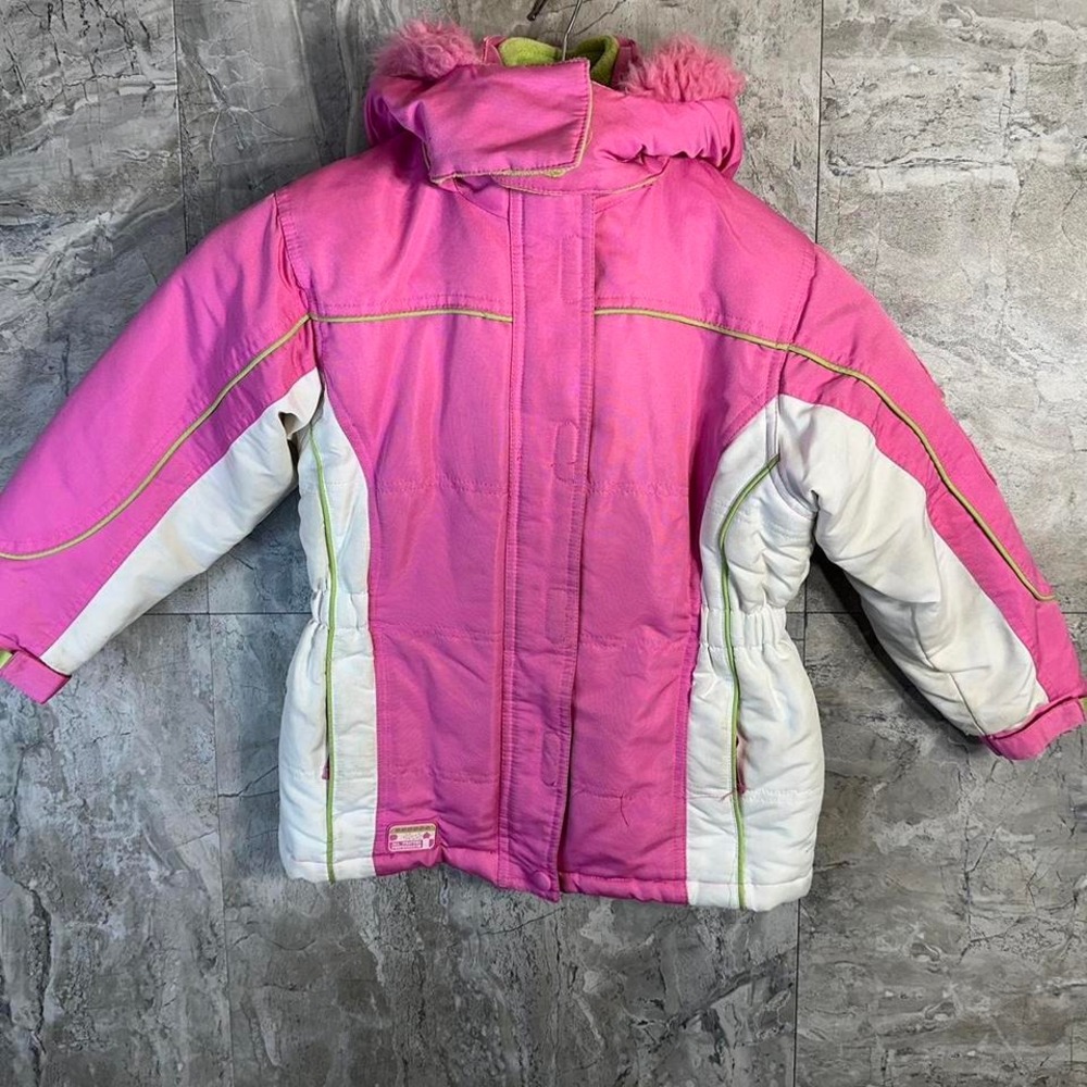 Pink‎ and white puffer jacket with hood Heavy duty weather proof Kids Medium 5-6